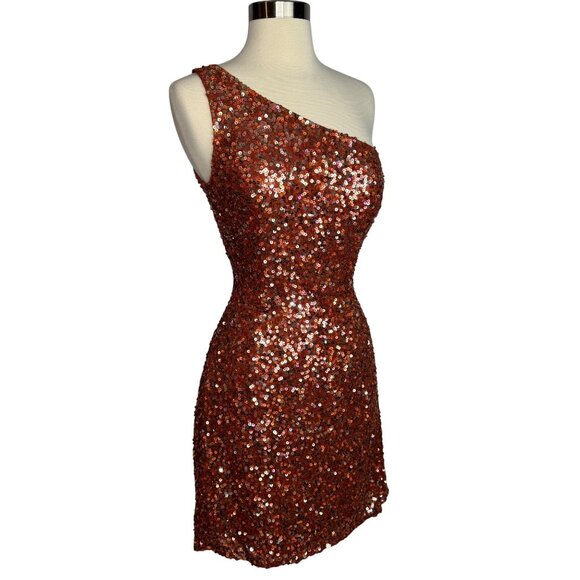 Vintage Scala One-Shoulder Full Sequin and Silk Mini Dress Sparkling Rust Orange - Picture 2 of 11